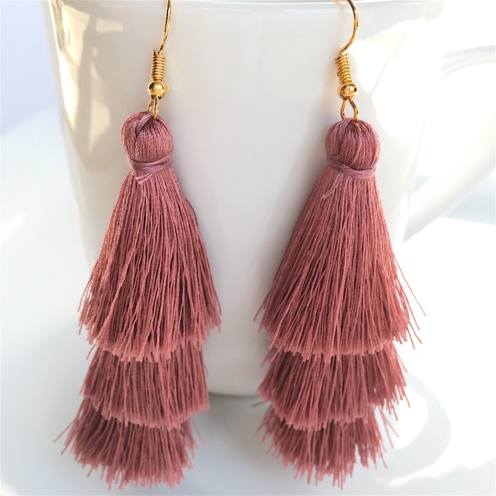 Tiered Tassel Drop Dusty Rose Dangle Earrings - Picture 5 of 8
